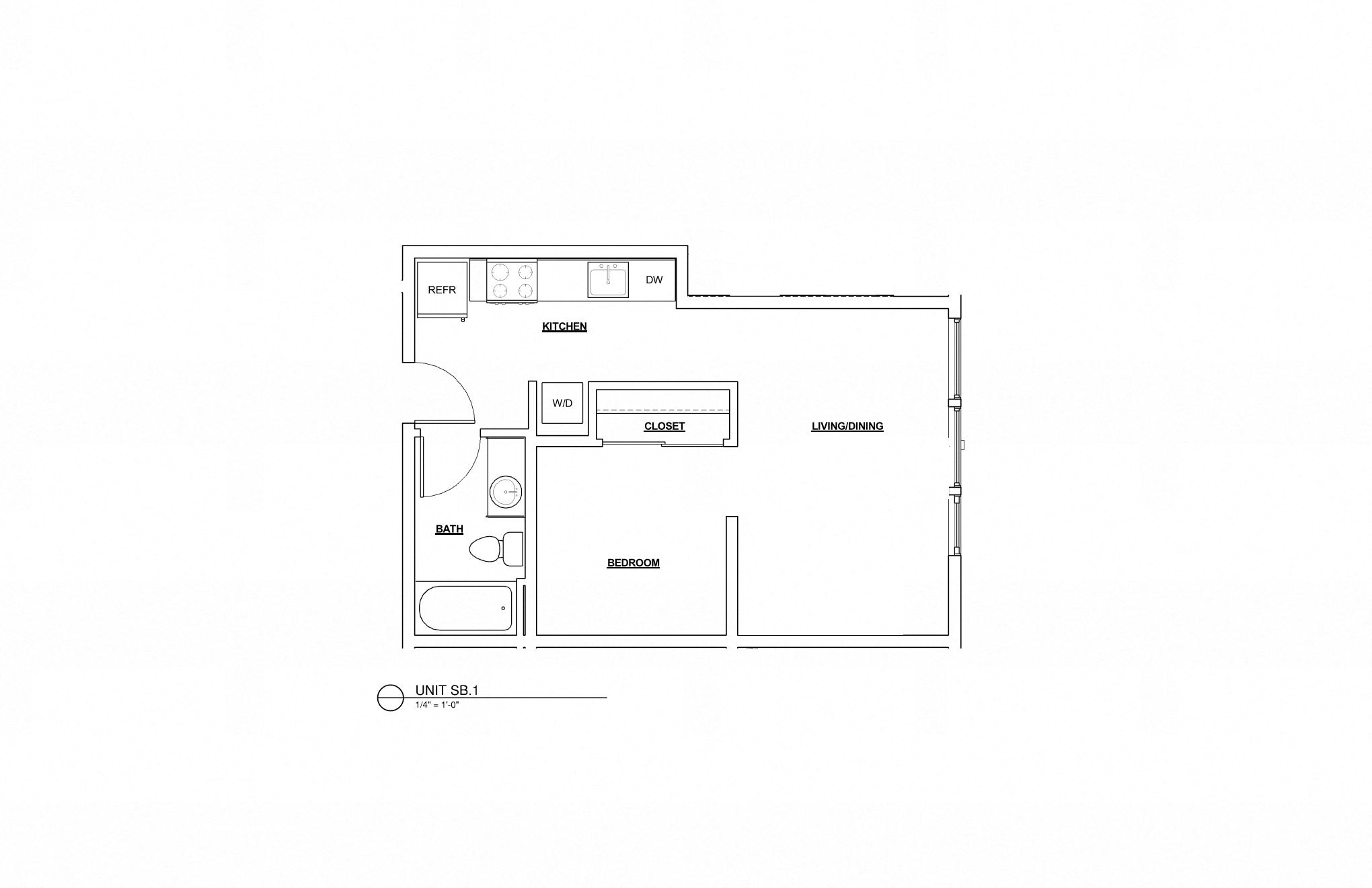 Floor plan for 1 bed, 1 bath, 531 sqft